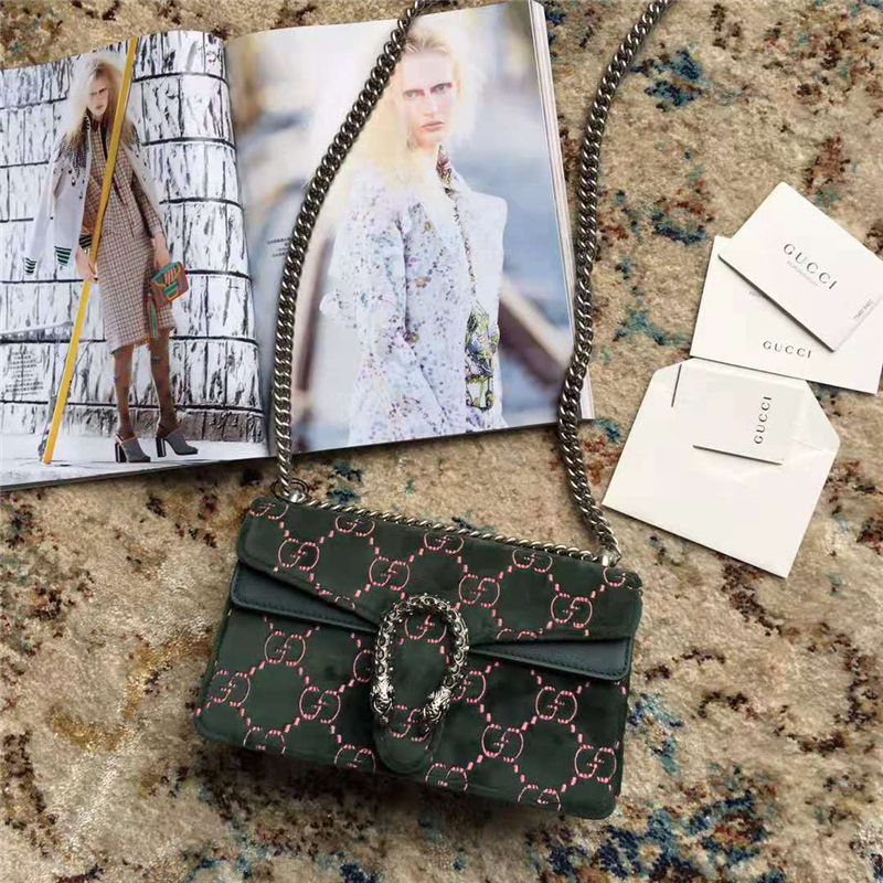 499623 Gucci女包 Dionysus系列 GG天鵝絨 水晶虎頭鎖扣 Gucci酒神包 墨綠色