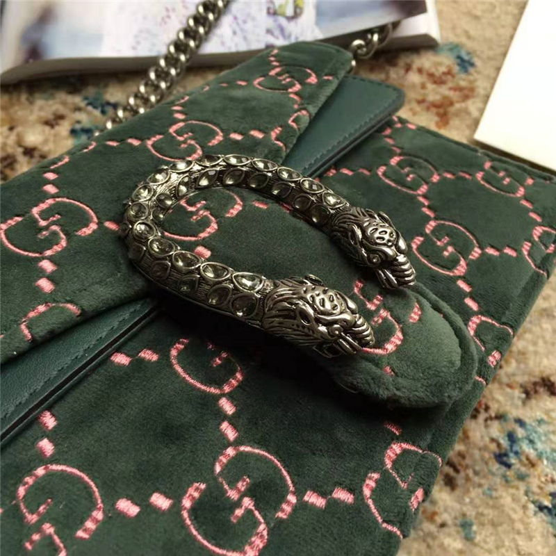 499623 Gucci女包 Dionysus系列 GG天鵝絨 水晶虎頭鎖扣 Gucci酒神包 墨綠色