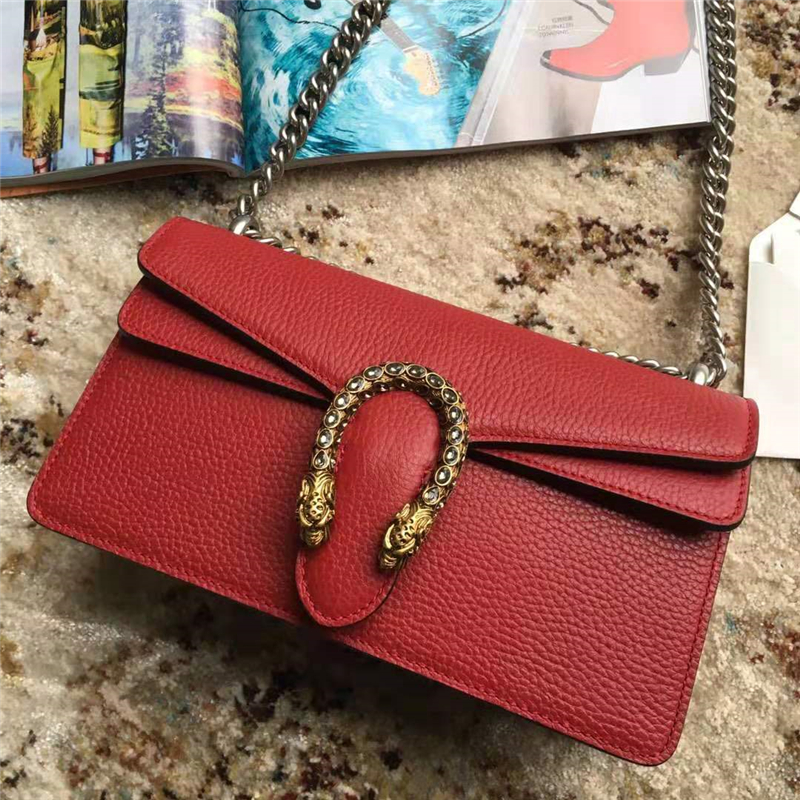 499623 Gucci Dionysus系列 荔枝紋皮革 織紋虎頭扣 Gucci鏈條肩包 紅色