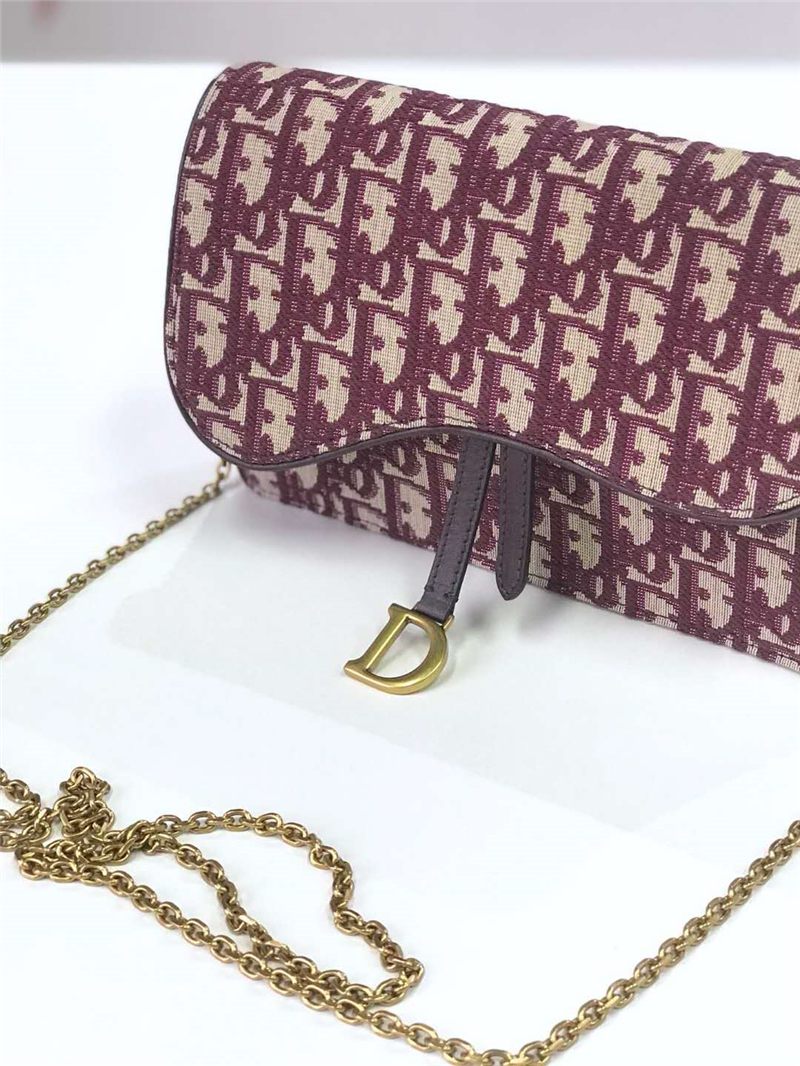 M5620 Dior Oblique女包 提花帆布 迪奧鏈條包 Dior手拿包 酒紅色