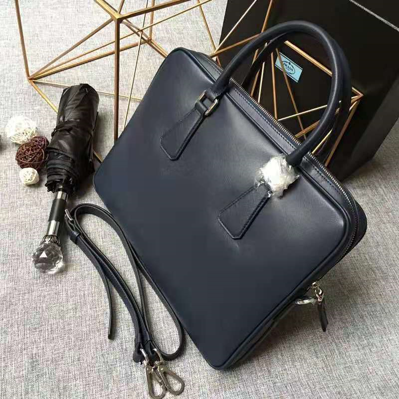 Prada男包 十字紋牛皮 超薄 男士公文包 普拉達男包 Prada手提包 藏藍色