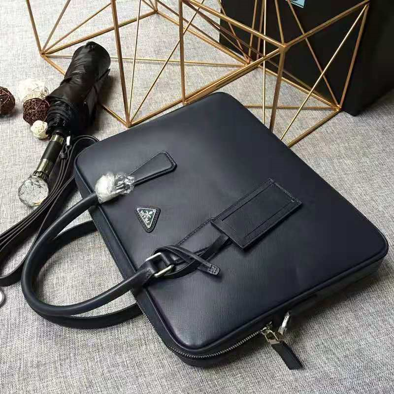 Prada男包 十字紋牛皮 超薄 男士公文包 普拉達男包 Prada手提包 藏藍色