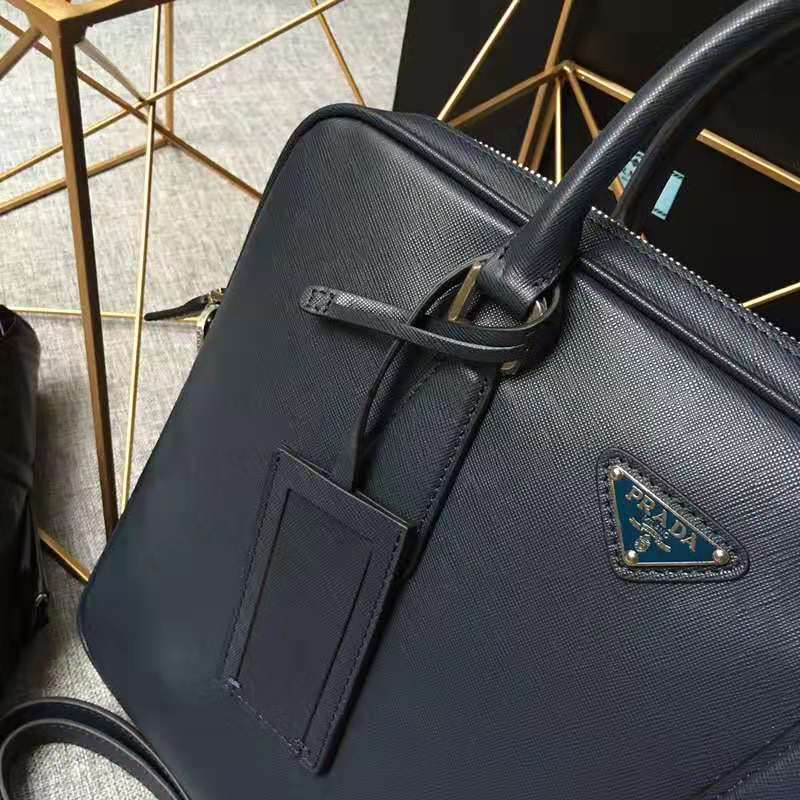 Prada男包 十字紋牛皮 超薄 男士公文包 普拉達男包 Prada手提包 藏藍色