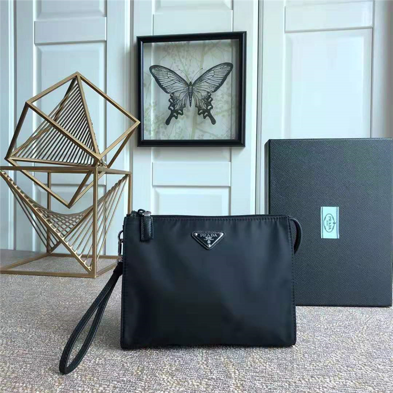2NE789 Prada男包 Prada2019新款 尼龍方邊洗漱包 普拉達(dá)手拿包 黑色