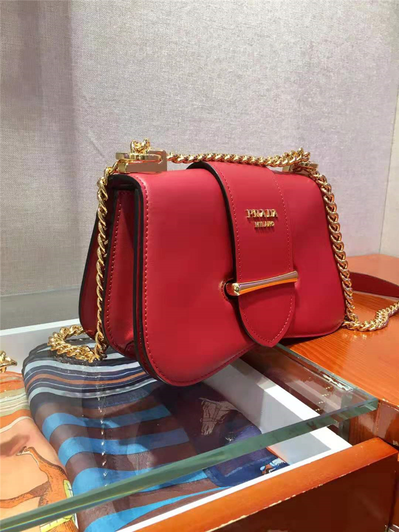 1BD184 Prada Sidonie女包 普拉達手袋 小牛皮 普拉達鏈條包 紅色