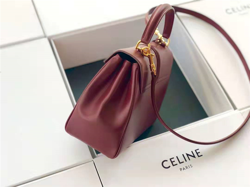 188003 Celine包包 賽琳女包 19新款 金屬鎖扣 小號(hào) 平紋小牛皮 Celine手提女包 酒紅色