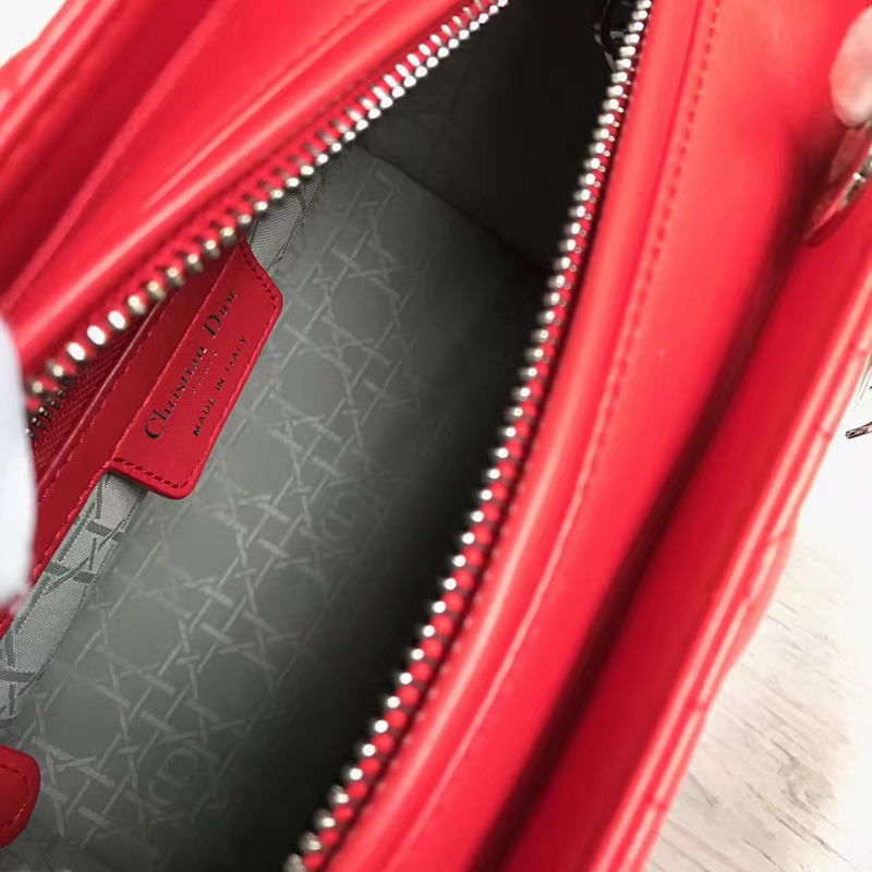 Dior迪奧 Lady Dior 經典戴妃包 五格 紅色羊皮 銀扣 小號