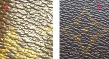 真假LV表面顆粒感對比 真包的紋比較深,如果小水泡的顆粒之間空隙比較分明